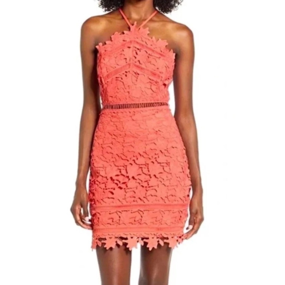 ASTR The Label Women Large Lace Halter Dress Coral Pink Open Back Floral Wedding